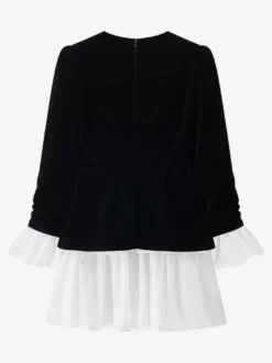 Robe de soirée chic bicolore noire à volants mini-robe deux-pièces à manches longues.