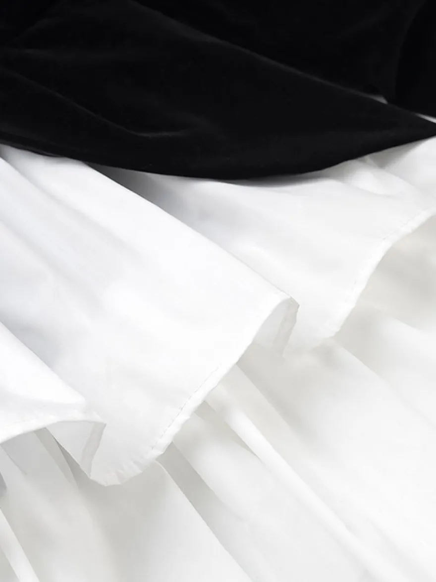 Robe de soirée chic bicolore noire à volants mini-robe deux-pièces à manches longues.