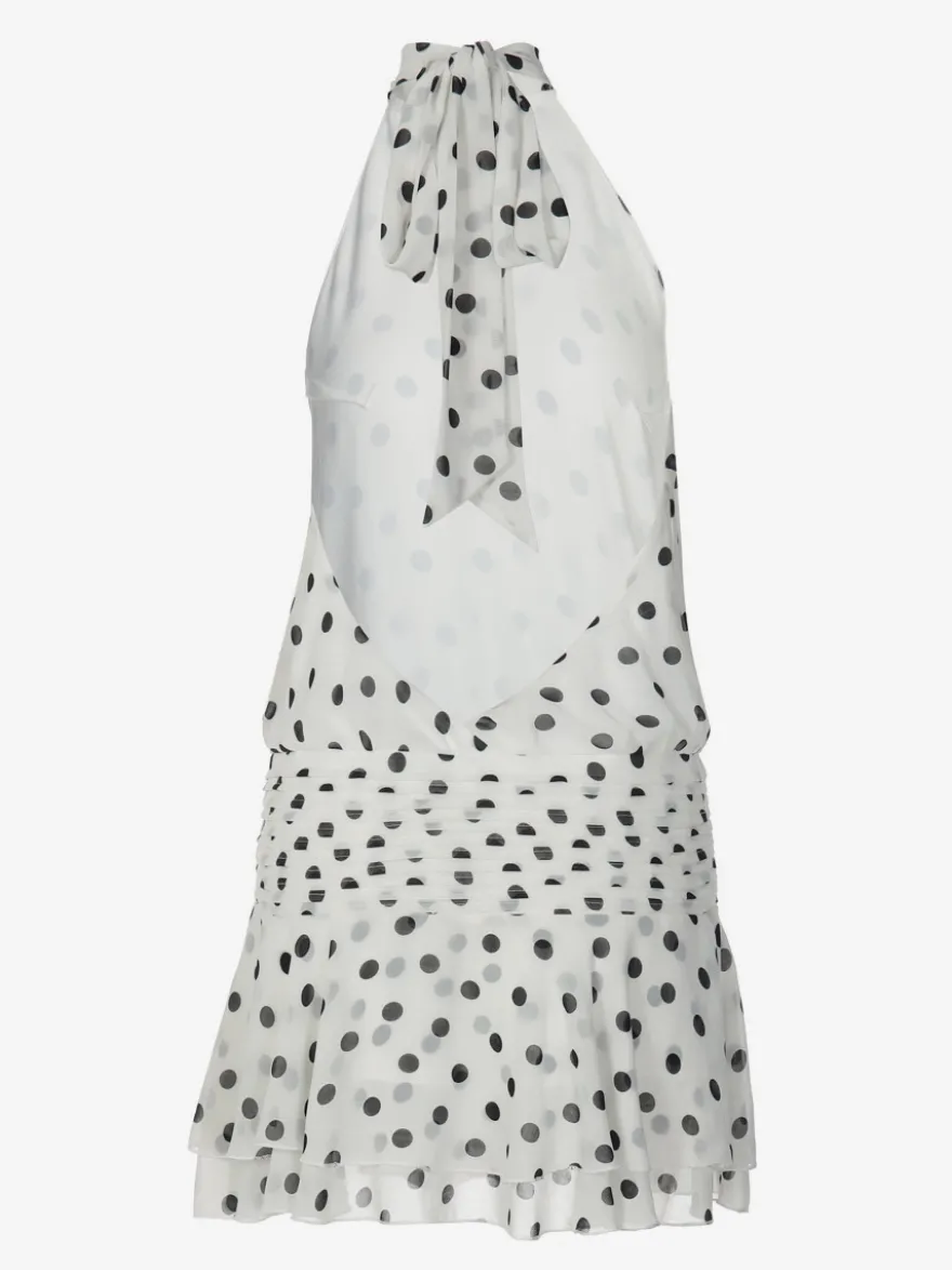 Robe de soirée chic en mousseline blanche mini dos nu à pois col montant