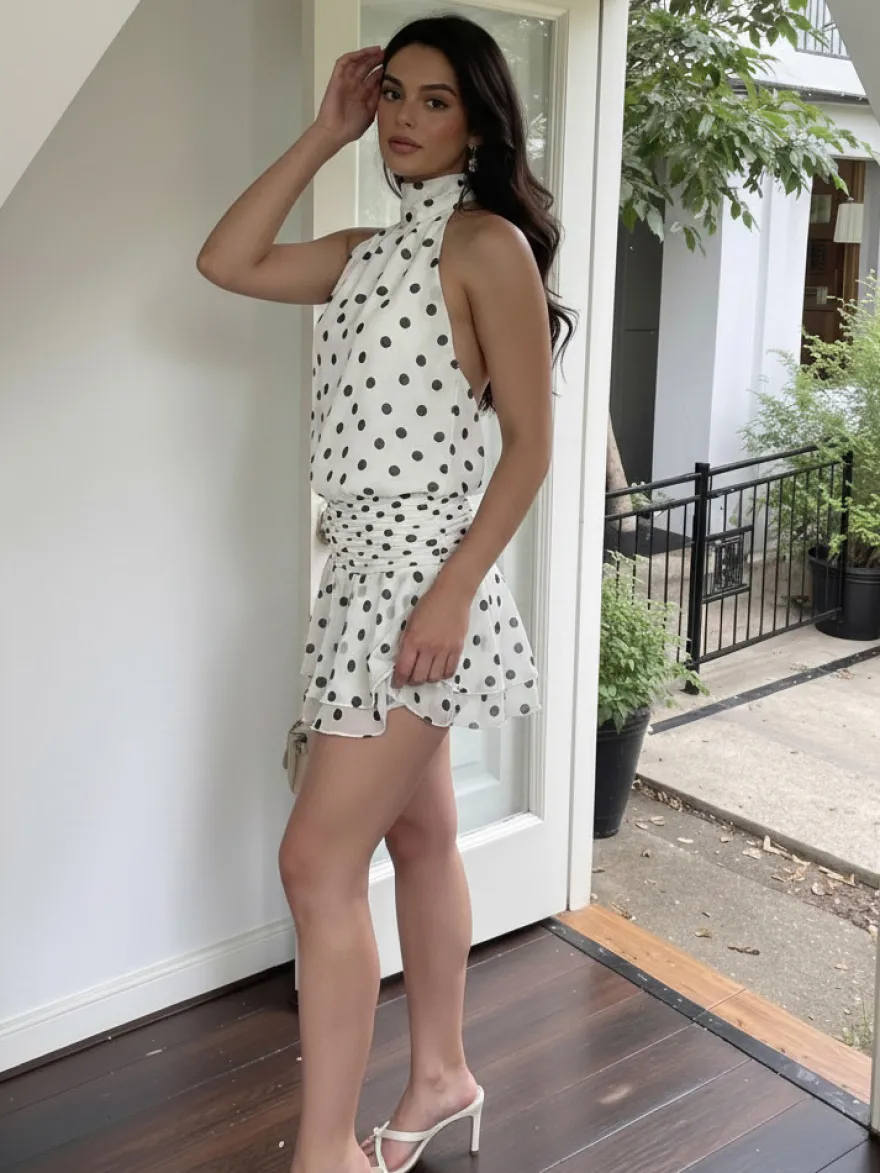 Robe de soirée chic en mousseline blanche mini dos nu à pois col montant