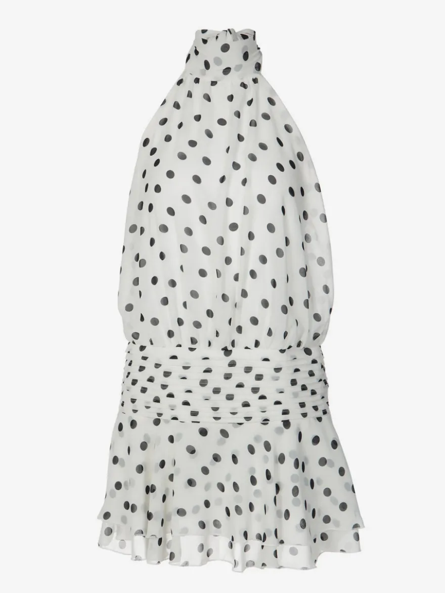 Robe de soirée chic en mousseline blanche mini dos nu à pois col montant