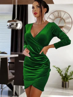 Robe de Soirée Courte Moulante avec Manches Longues à Col Décolleté en V Coupe Cintrée Unicolore
