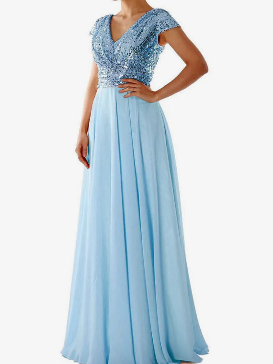 Robe de soirée écru blanc à col V et sequins manches courtes cintrées style chic semi-formel