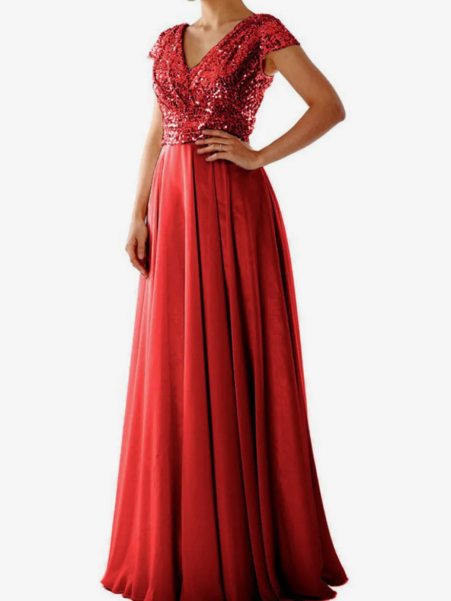 Robe de soirée écru blanc à col V et sequins manches courtes cintrées style chic semi-formel