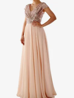 Robe de soirée écru blanc à col V et sequins manches courtes cintrées style chic semi-formel