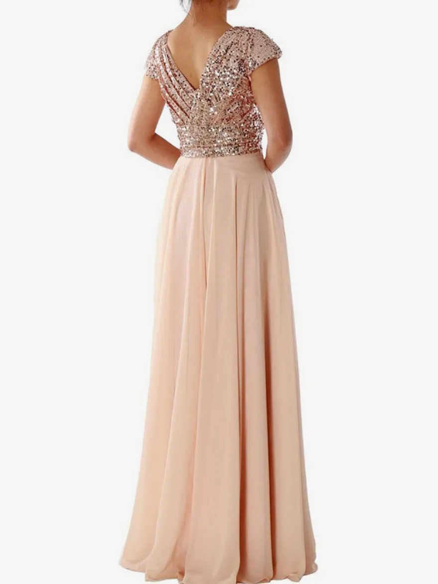 Robe de soirée écru blanc à col V et sequins manches courtes cintrées style chic semi-formel