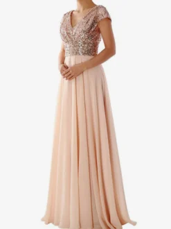 Robe de soirée écru blanc à col V et sequins manches courtes cintrées style chic semi-formel