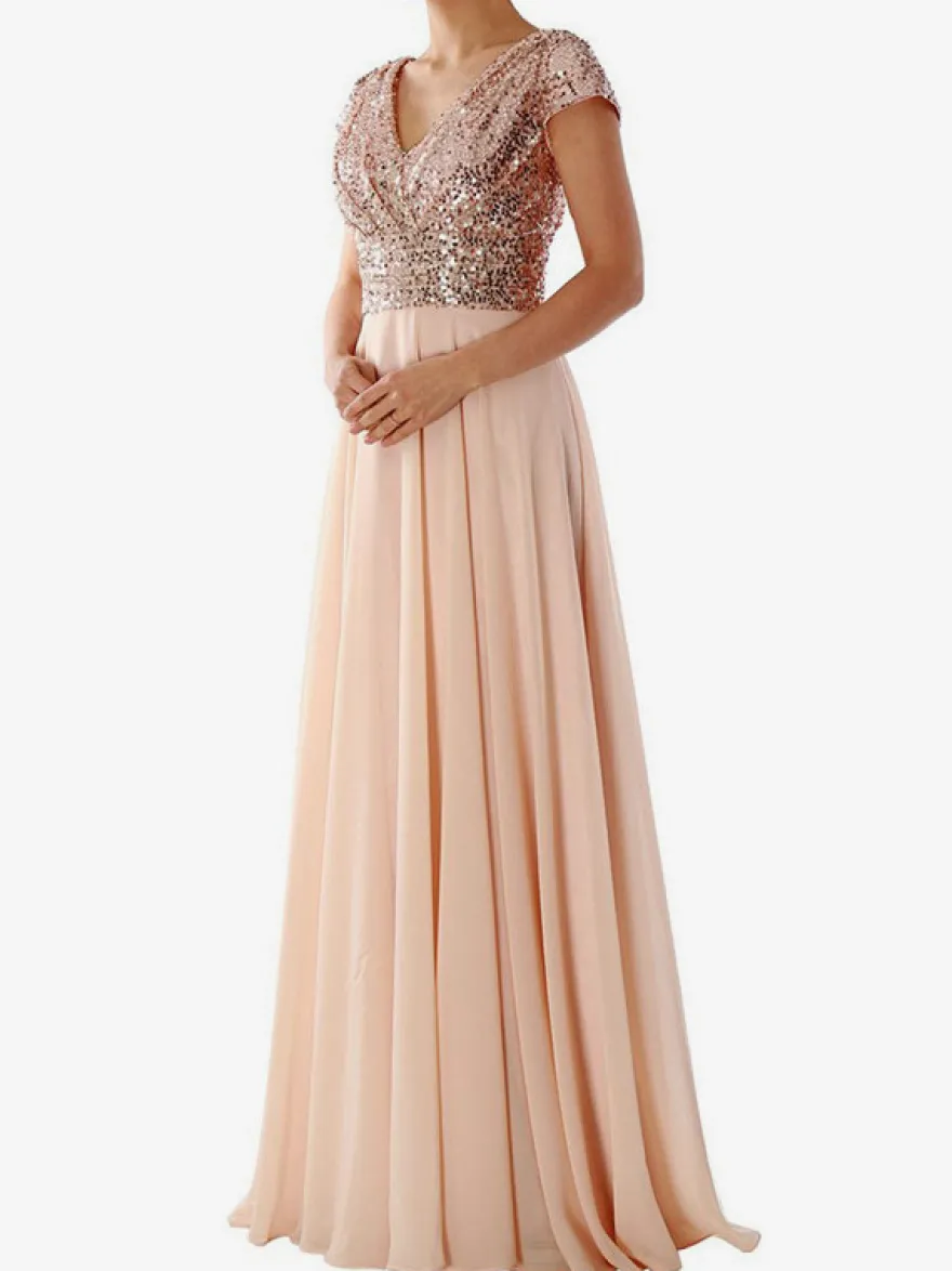 Robe de soirée écru blanc à col V et sequins manches courtes cintrées style chic semi-formel