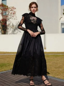 Robe de soirée de maternité robe longue en dentelle florale à col montant manches longues dos transparent coupe fluide trapèze robe de séance photo