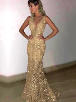 Robe de soirée dorée à col en V en dentelle sans manches coupe cintrée élégante et semi-formelle