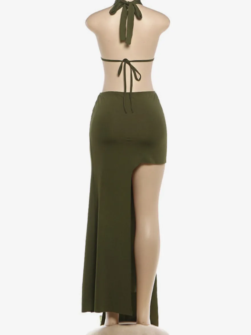 Robe de soirée dos nu à col halter et fente haute robe de vacances maxi