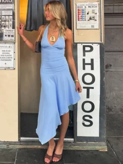 Robe de soirée dos nu col V robe midi robe d'été moulante à nouer dans le dos robe asymétrique à volants