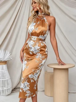 Robe de soirée dos nu en satin à fleurs robe midi moulante avec fermeture éclair au dos robe de mariée