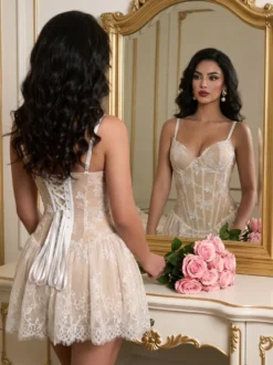 Robe de soirée en dentelle florale corset mini robe à fines bretelles et dos baleiné robe lingerie à lacets