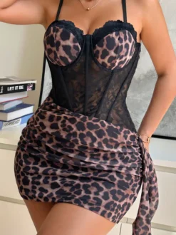 Robe de soirée en dentelle léopard corset débardeur à armatures mini-jupe moulante froncée