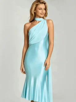 Robe de soirée en satin dos nu asymétrique robe midi moulante à col drapé et longue traîne à ruban