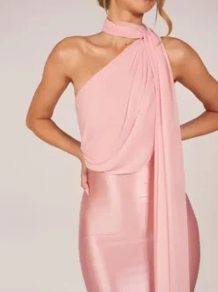 Robe de soirée en satin dos nu asymétrique robe midi moulante à col drapé et longue traîne à ruban