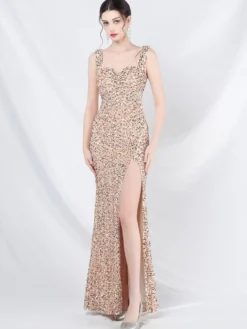 Robe De Soirée Femme Col En Cœur Fendue À Bretelle À Lacet Paillettes Robe Semi-Formelle