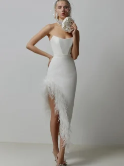 Robe De Soirée Femmes Décolletée Chic Plumes Sans Manches En Polyester Asymétrique Sexy