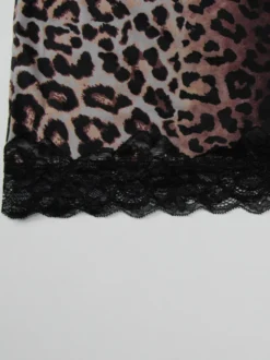 Robe de soirée imprimé léopard sauvage nuisette mini moulante à bretelles et bordure en dentelle