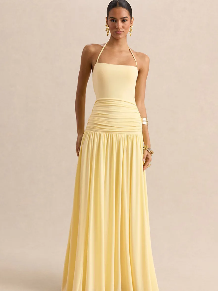 Robe de soirée jaune à bretelles col et manches courtes style semi-formel sexy