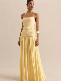 Robe de soirée jaune à bretelles col et manches courtes style semi-formel sexy