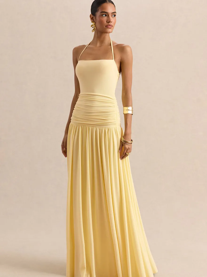 Robe de soirée jaune à bretelles col et manches courtes style semi-formel sexy
