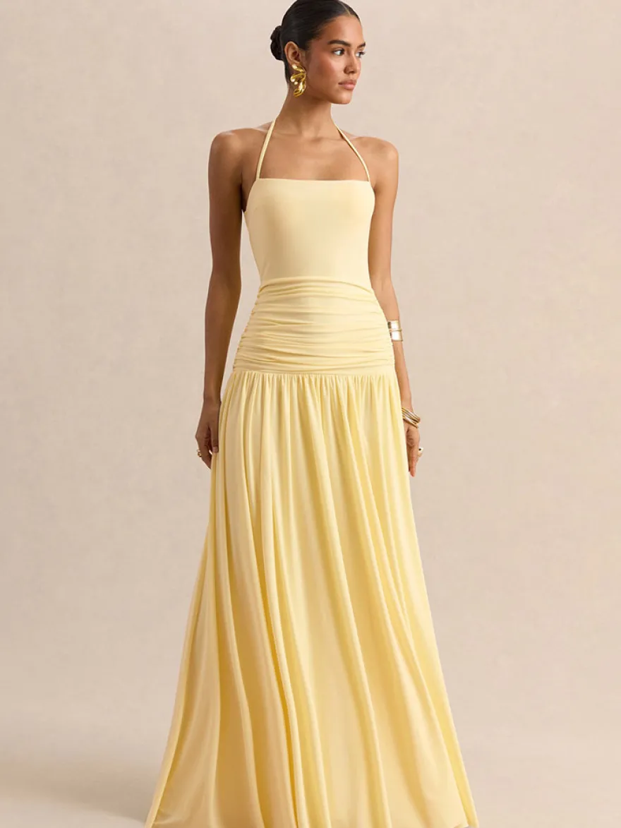Robe de soirée jaune à bretelles col et manches courtes style semi-formel sexy