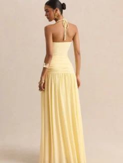 Robe de soirée jaune à bretelles col et manches courtes style semi-formel sexy