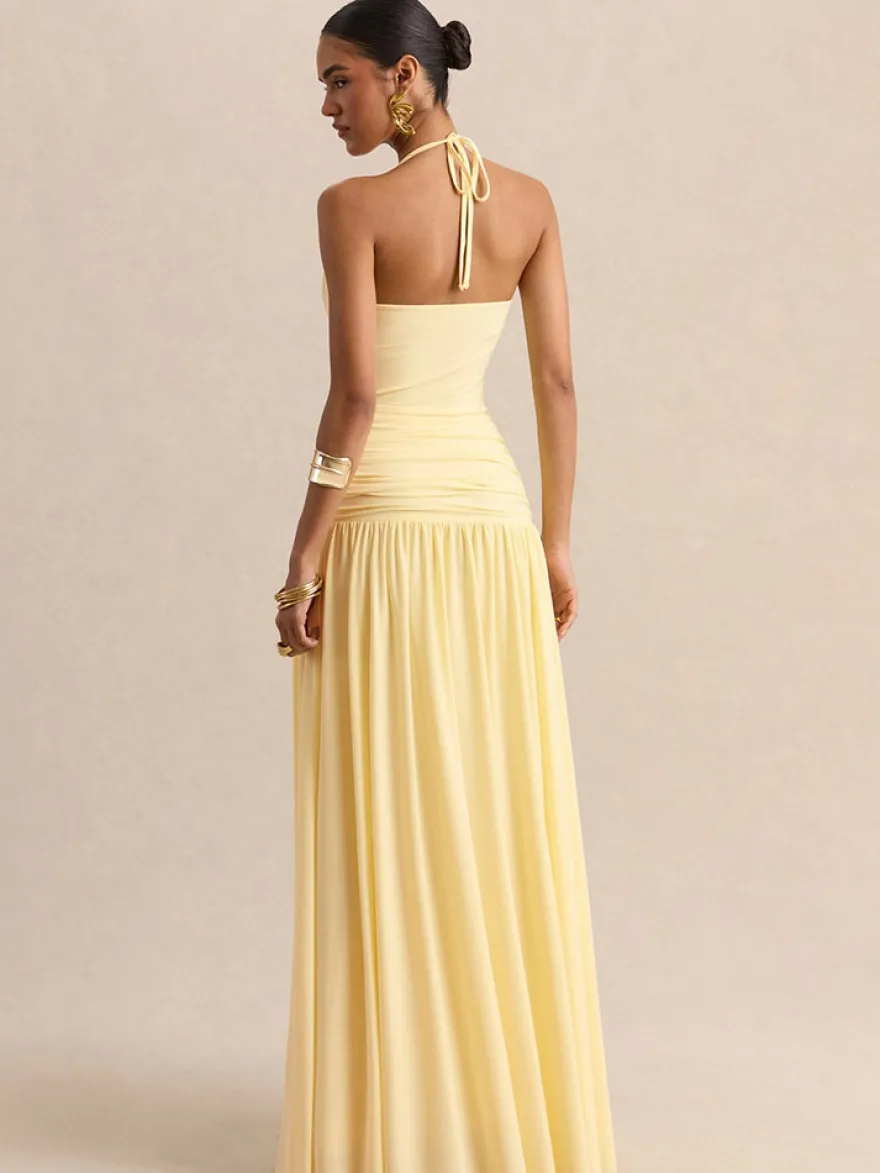 Robe de soirée jaune à bretelles col et manches courtes style semi-formel sexy