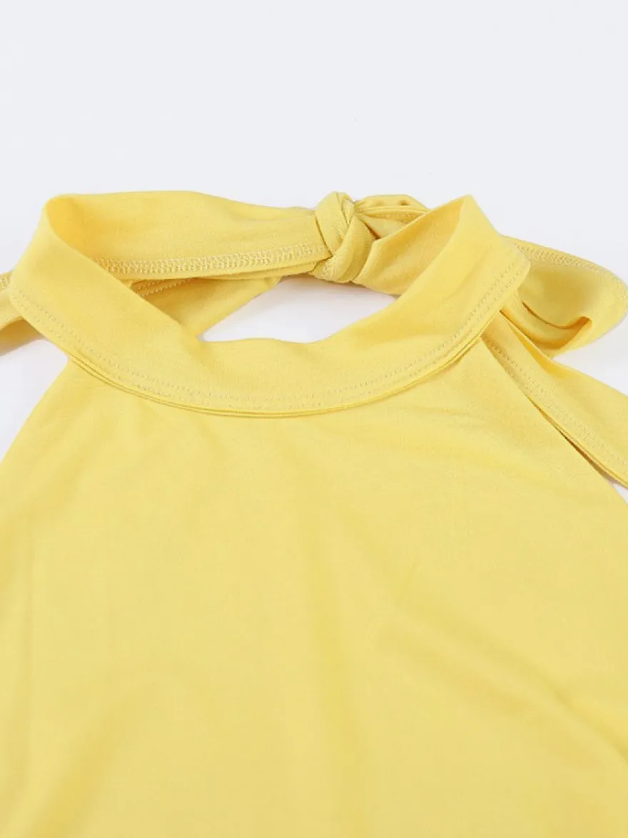 Robe de soirée jaune maxi dos nu sans manches à taille froncée longue et fluide
