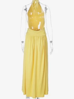Robe de soirée jaune maxi dos nu sans manches à taille froncée longue et fluide
