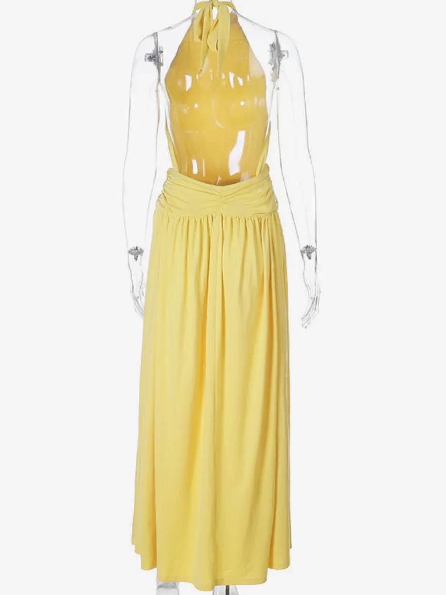 Robe de soirée jaune maxi dos nu sans manches à taille froncée longue et fluide