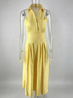 Robe de soirée jaune à rayures dos nu col en V sans manches taille cintrée fluide avec poches