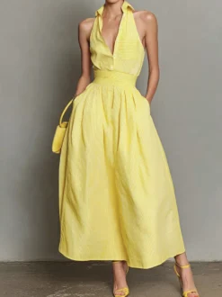 Robe de soirée jaune à rayures dos nu col en V sans manches taille cintrée fluide avec poches