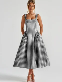 Robe de soirée élégante à carreaux sans manches col carré robe noire midi