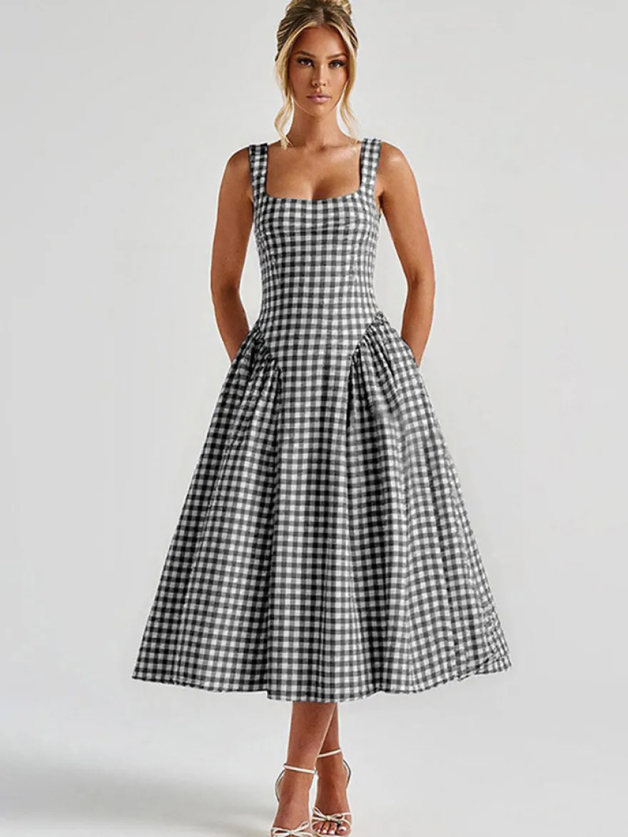 Robe de soirée élégante à carreaux sans manches col carré robe noire midi