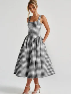 Robe de soirée élégante à carreaux sans manches col carré robe noire midi