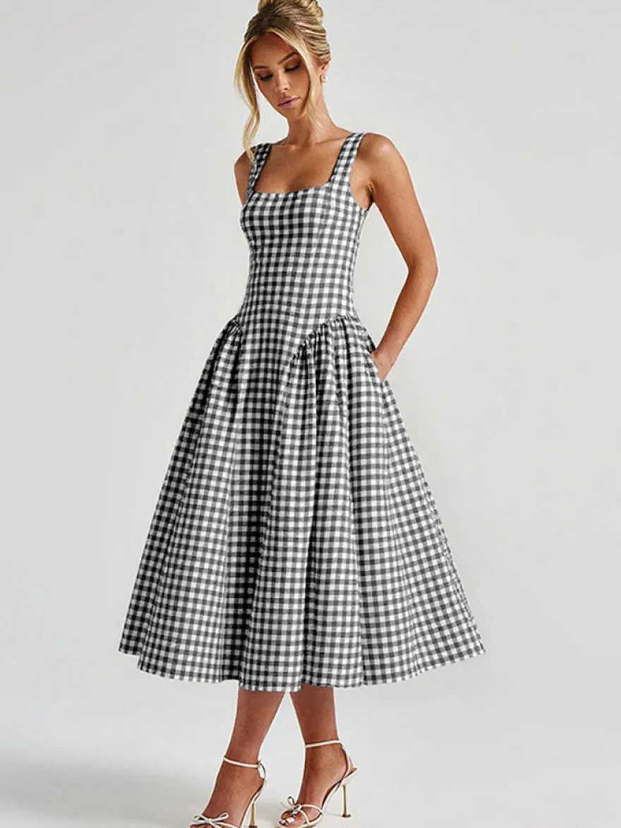 Robe de soirée élégante à carreaux sans manches col carré robe noire midi