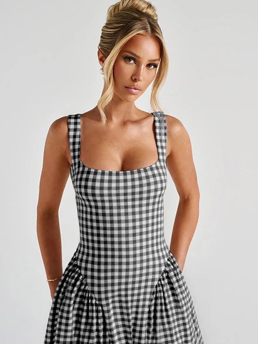 Robe de soirée élégante à carreaux sans manches col carré robe noire midi