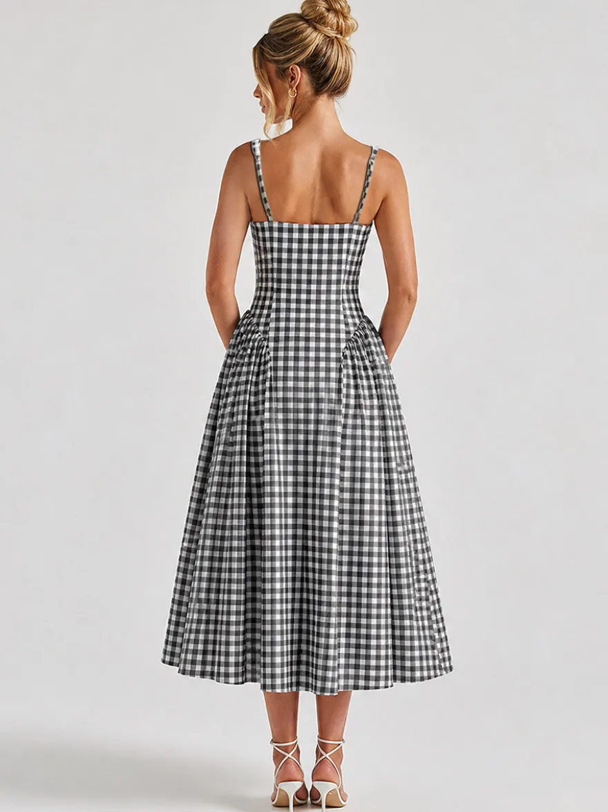 Robe de soirée élégante à carreaux sans manches col carré robe noire midi