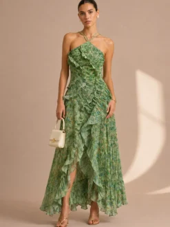 Robe de soirée élégante maxi asymétrique plissée à volants sans manches à imprimé floral et dos nu