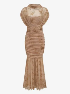Robe de soirée longue abricot clair col montant plissée manches courtes imprimée