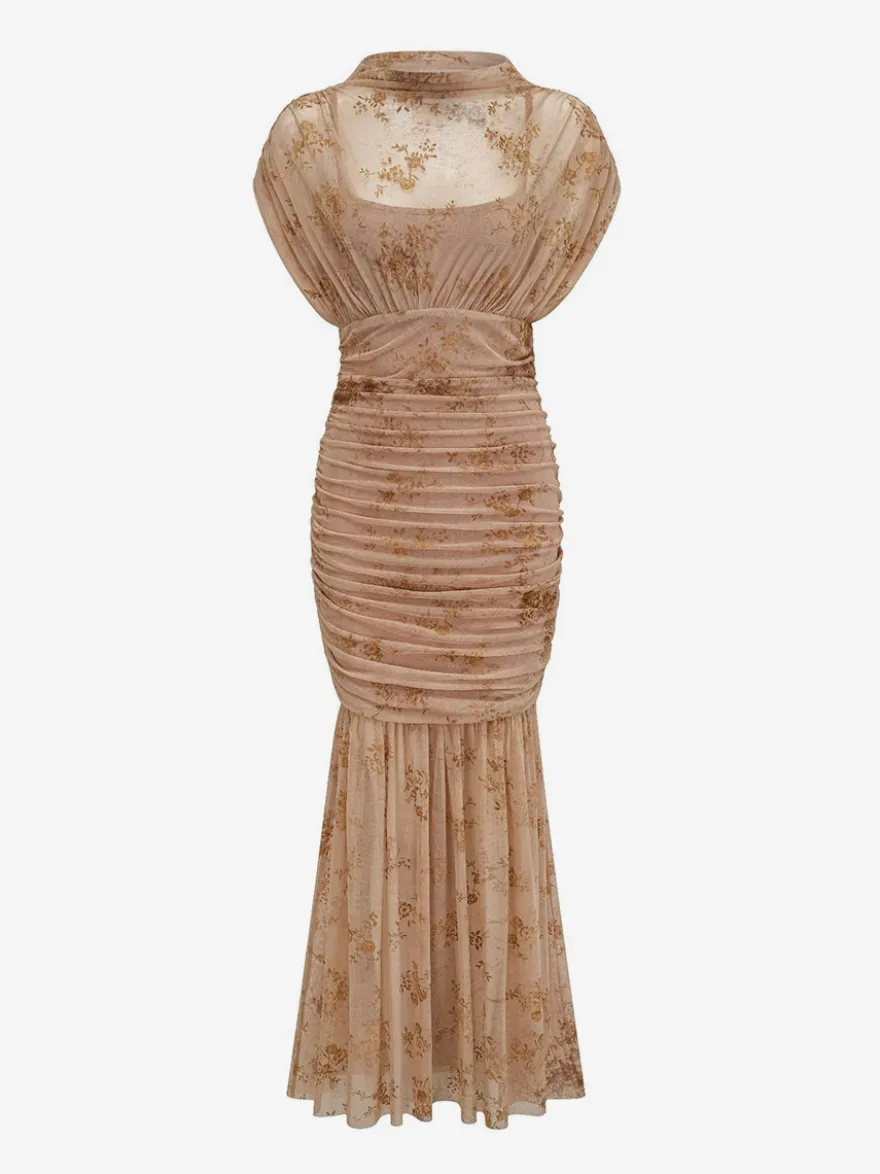 Robe de soirée longue abricot clair col montant plissée manches courtes imprimée