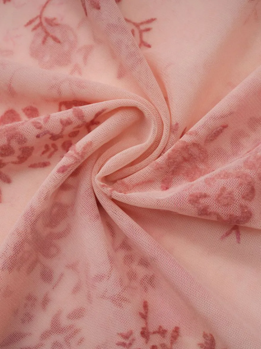 Robe de soirée longue abricot clair col montant plissée manches courtes imprimée