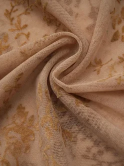 Robe de soirée longue abricot clair col montant plissée manches courtes imprimée