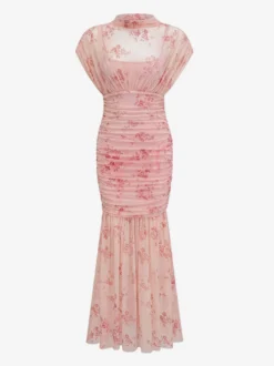 Robe de soirée longue abricot clair col montant plissée manches courtes imprimée