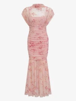 Robe de soirée longue abricot clair col montant plissée manches courtes imprimée