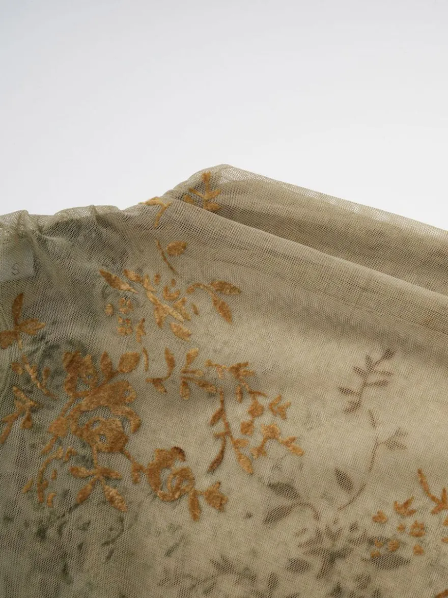 Robe de soirée longue abricot clair col montant plissée manches courtes imprimée