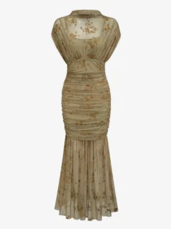 Robe de soirée longue abricot clair col montant plissée manches courtes imprimée